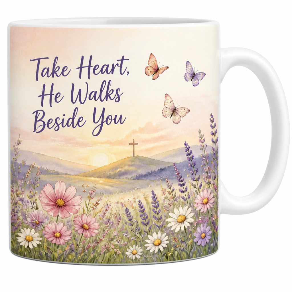 Butterflies At First Light Ceramic Mug - Christian Coffee Mug, detail view
