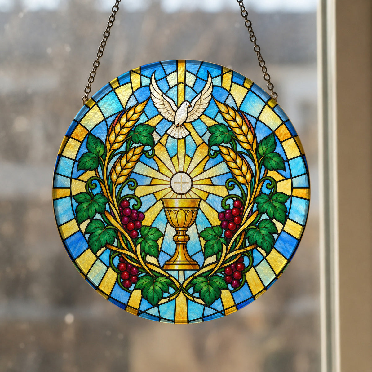 Calix Sanctus III Glass Suncatcher - Catholic Suncatcher, styled in the home
