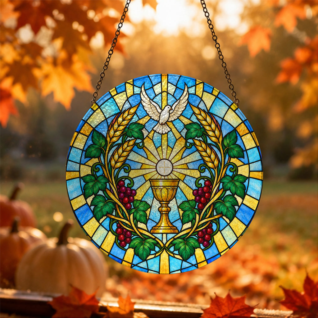 Calix Sanctus III Glass Suncatcher - Catholic Suncatcher, hanging display