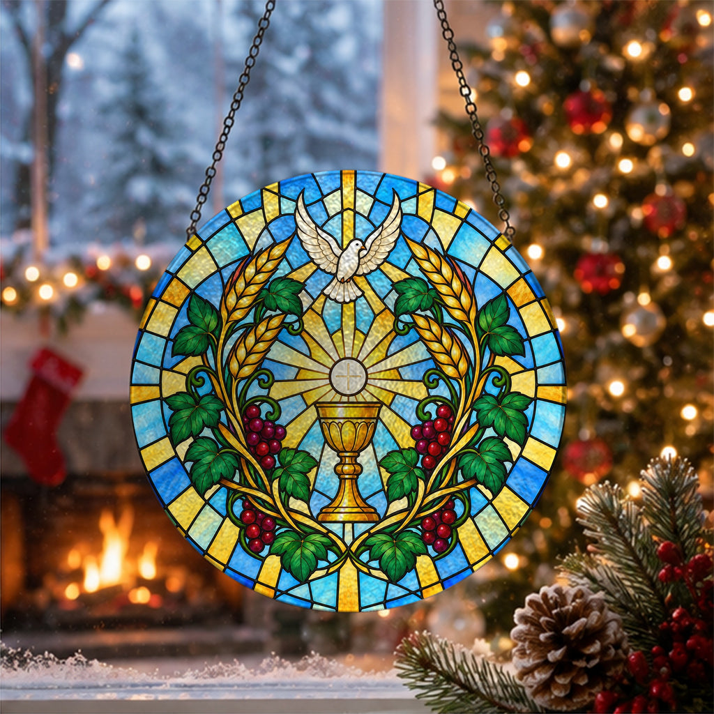 Calix Sanctus III Glass Suncatcher - Catholic Suncatcher, close-up of the print