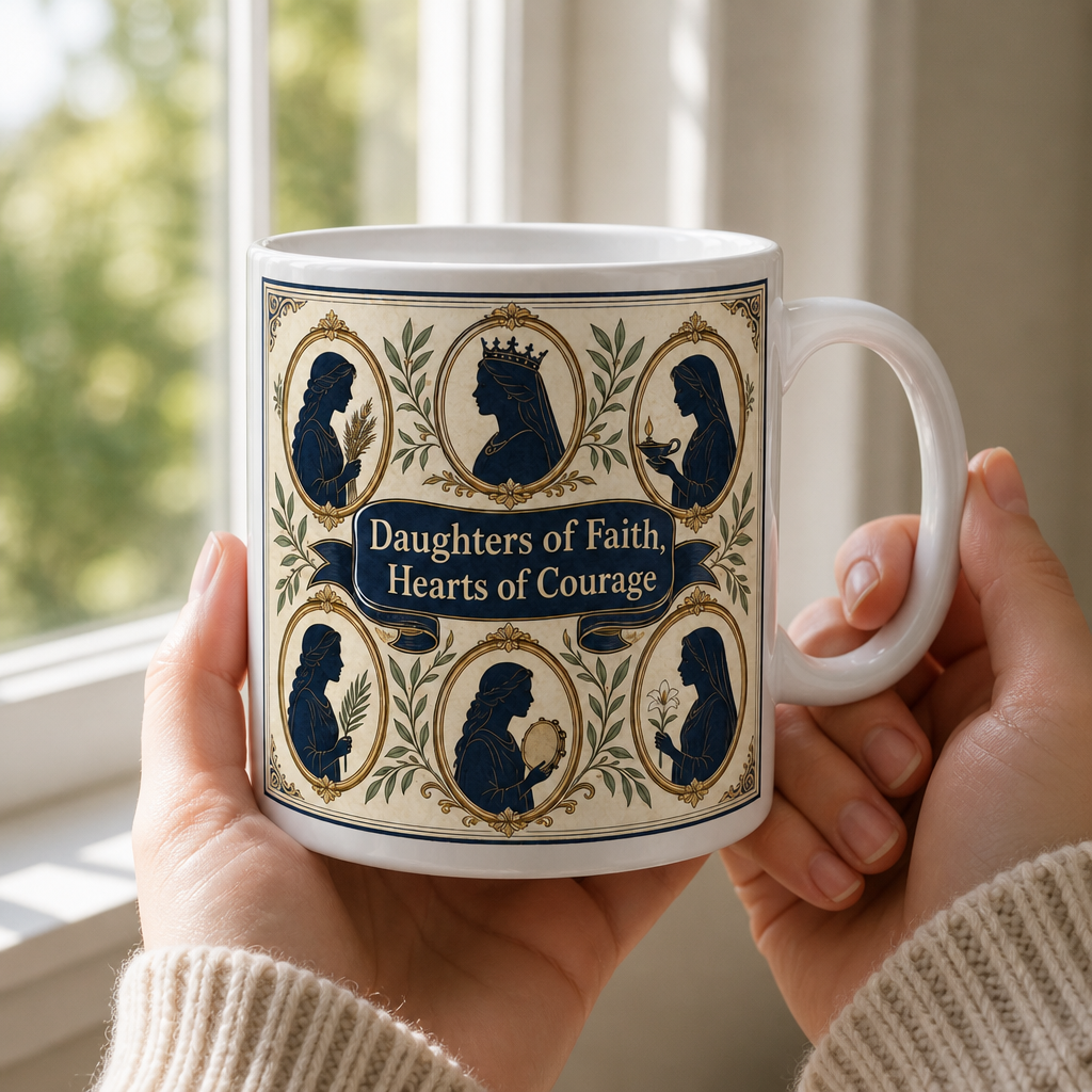 Cameos Of Holy Women Ceramic Mug - Christian Coffee Mug, styled in the home