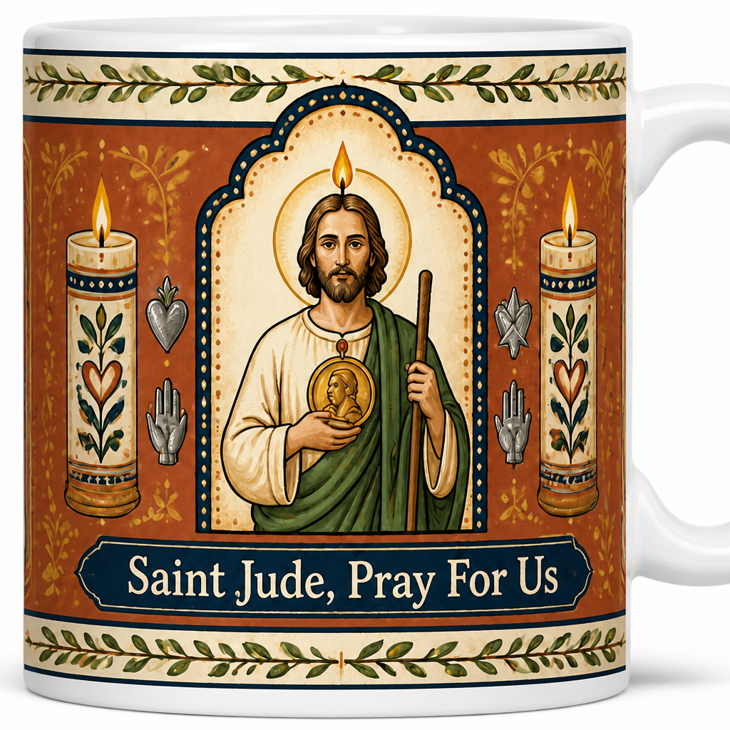 Candles For Saint Jude Ceramic Mug - Christian Coffee Mug, detail view
