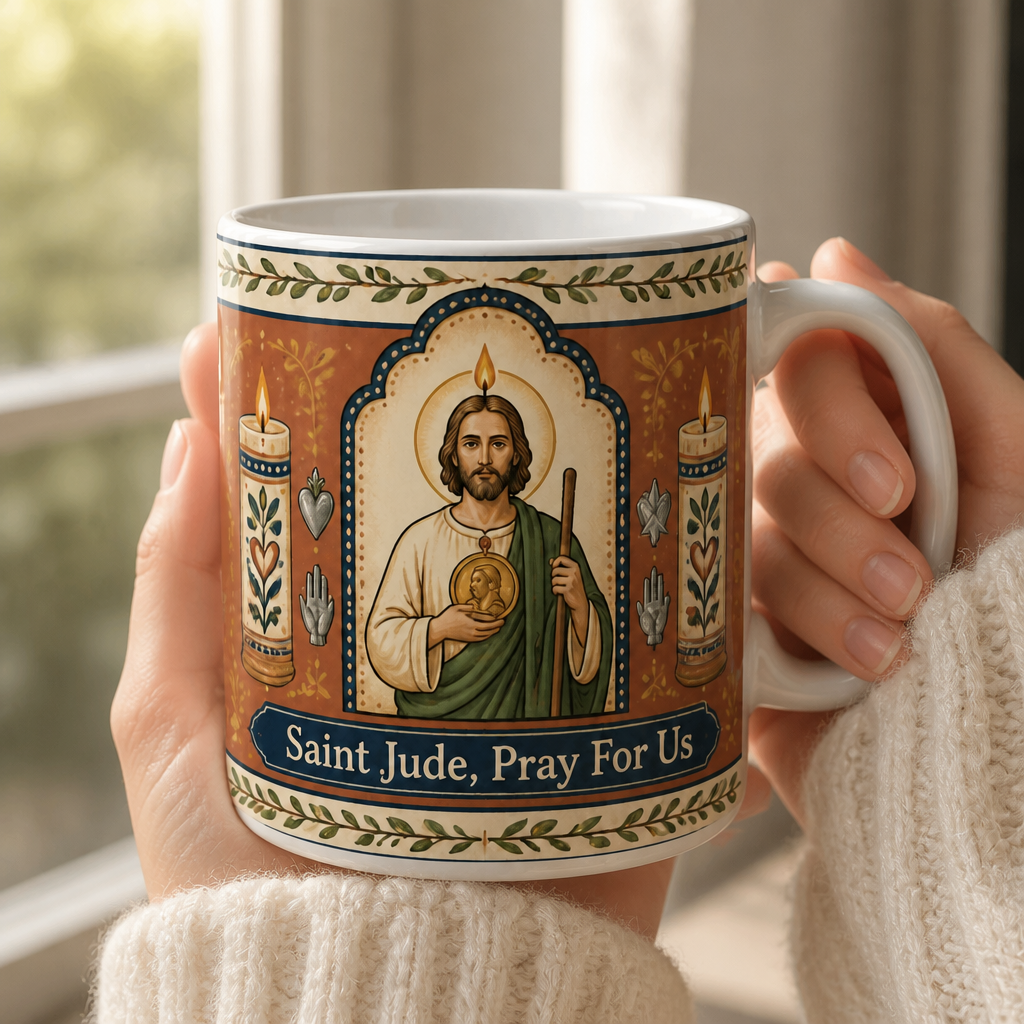Candles For Saint Jude Ceramic Mug - Christian Coffee Mug, styled in the home