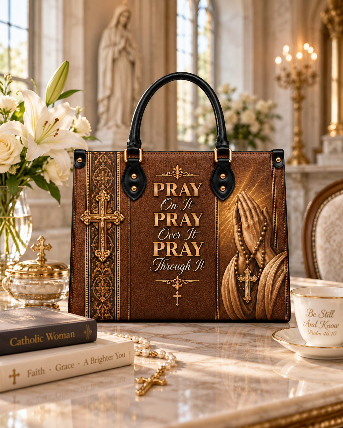 Carried by Faith Leather Handbag - Christian Handbag, close-up of the print