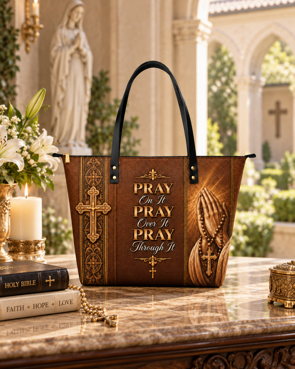 Carried by Faith Leather Tote Bag - Christian Tote Bag, styled in the home