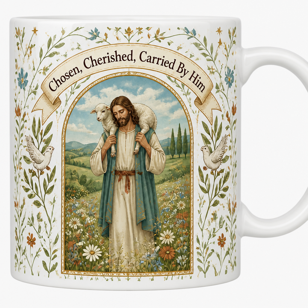 Carried On His Shoulders Ceramic Mug - Christian Coffee Mug, detail view