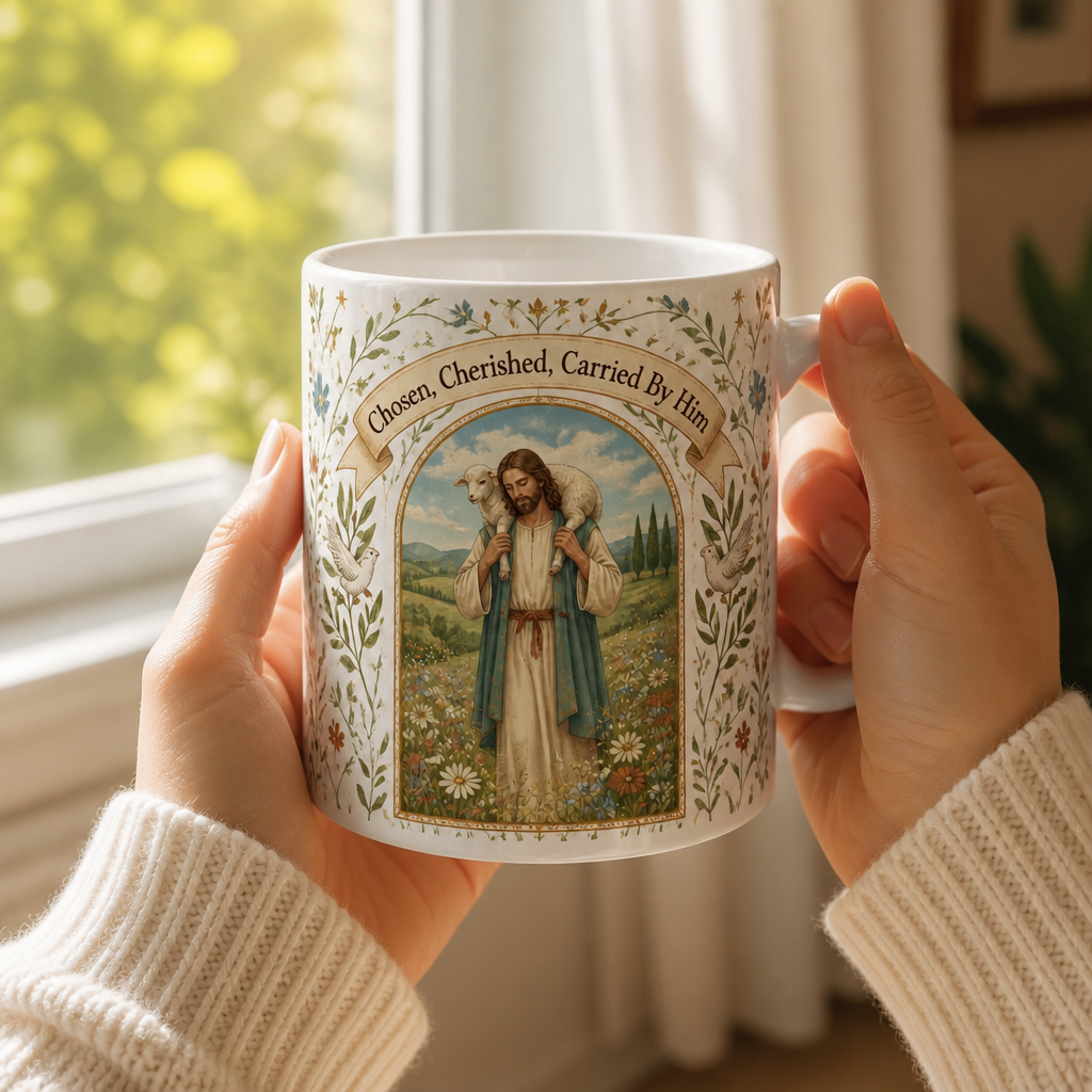 Carried On His Shoulders Ceramic Mug - Christian Coffee Mug, styled in the home