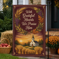 Chapel Harvest Wreath Garden Flag - Christian Garden Flag, front view
