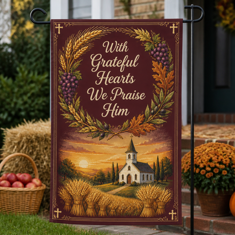 Chapel Harvest Wreath Garden Flag - Christian Garden Flag, front view