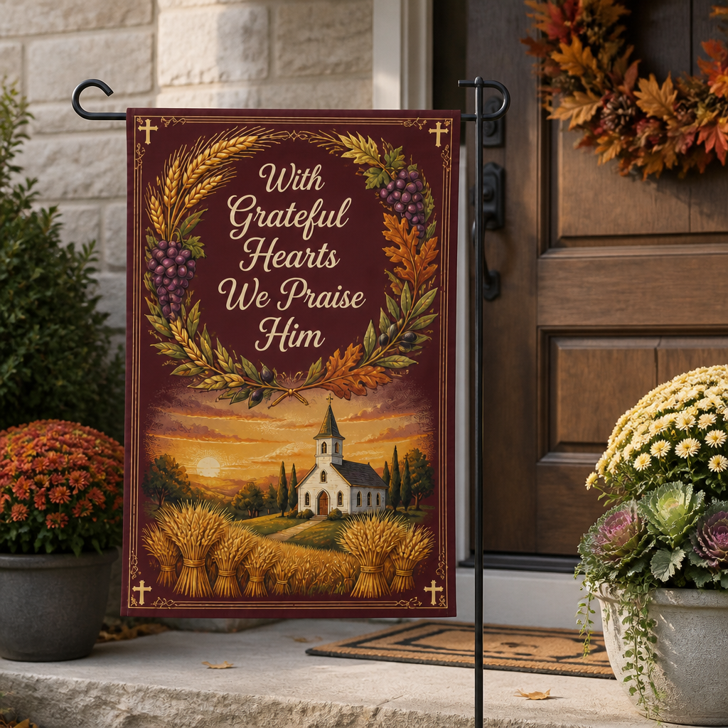 Chapel Harvest Wreath Garden Flag - Christian Garden Flag, styled in the home