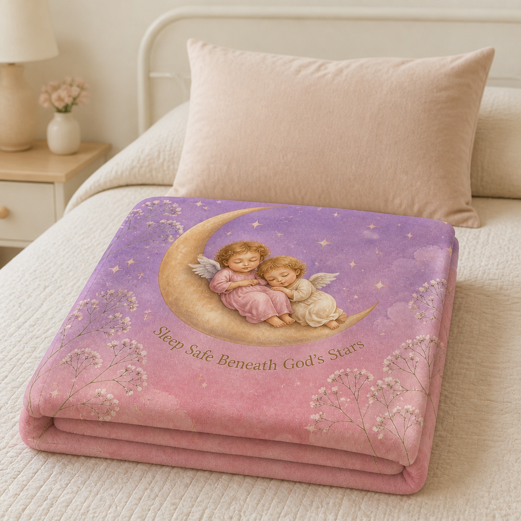 Cherubs Upon The Moon Fleece Blanket - Christian Blanket, styled in the home