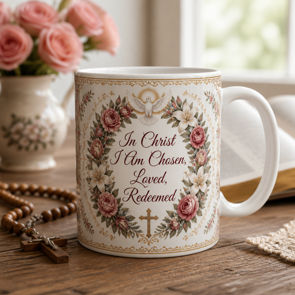 Chosen Rose Wreath Ceramic Mug - Christian Coffee Mug, front view