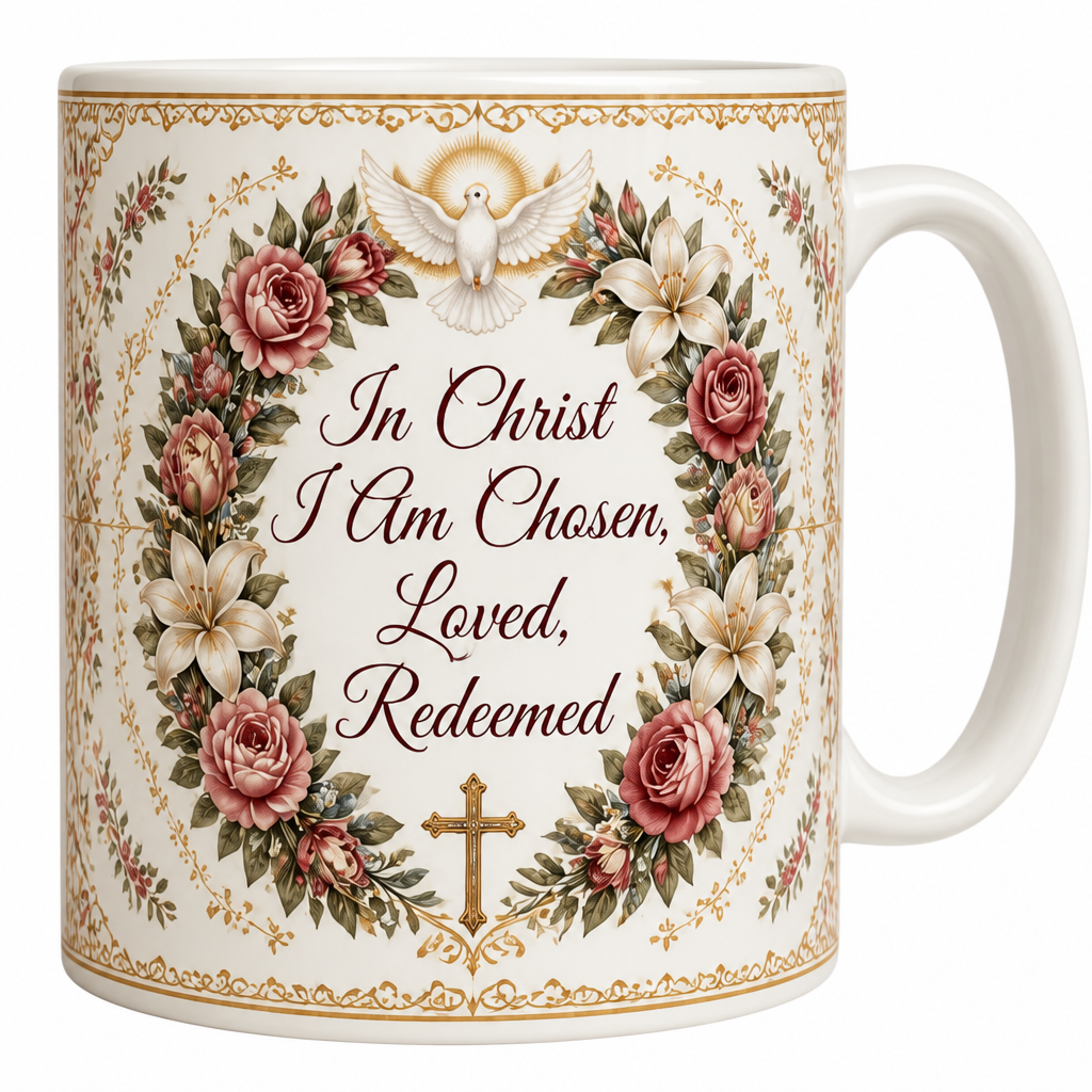 Chosen Rose Wreath Ceramic Mug - Christian Coffee Mug, detail view