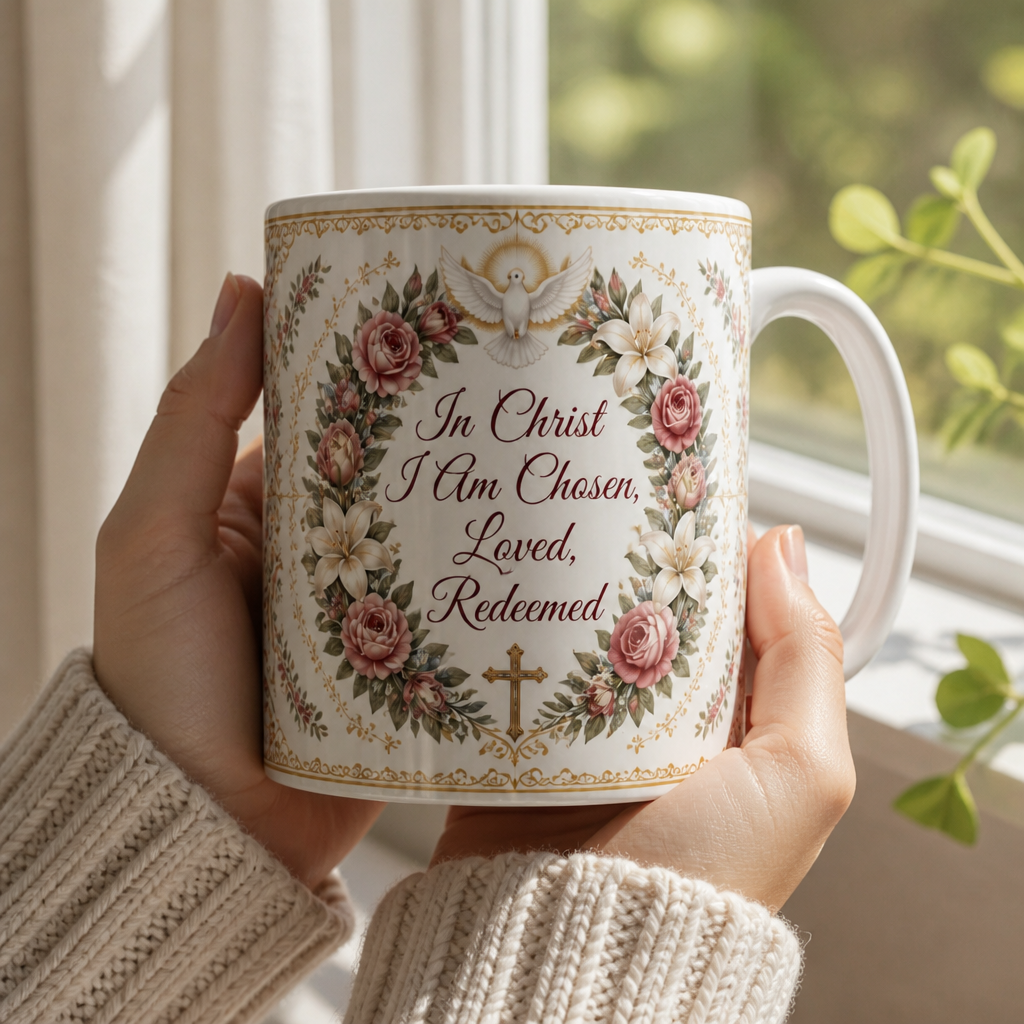 Chosen Rose Wreath Ceramic Mug - Christian Coffee Mug, styled in the home