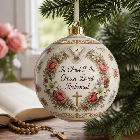 Chosen Rose Wreath Ceramic Ornament - Christian Christmas Ornament, front view