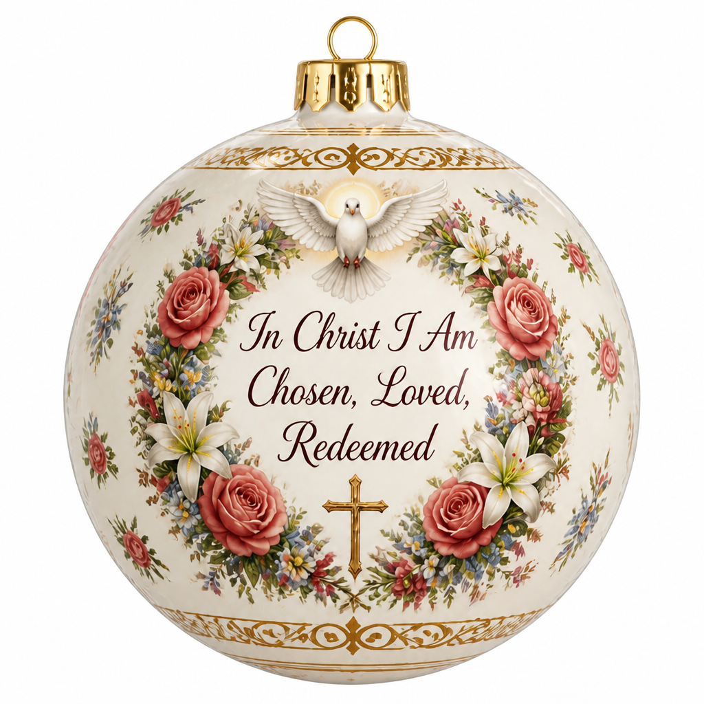 Chosen Rose Wreath Ceramic Ornament - Christian Christmas Ornament, detail view