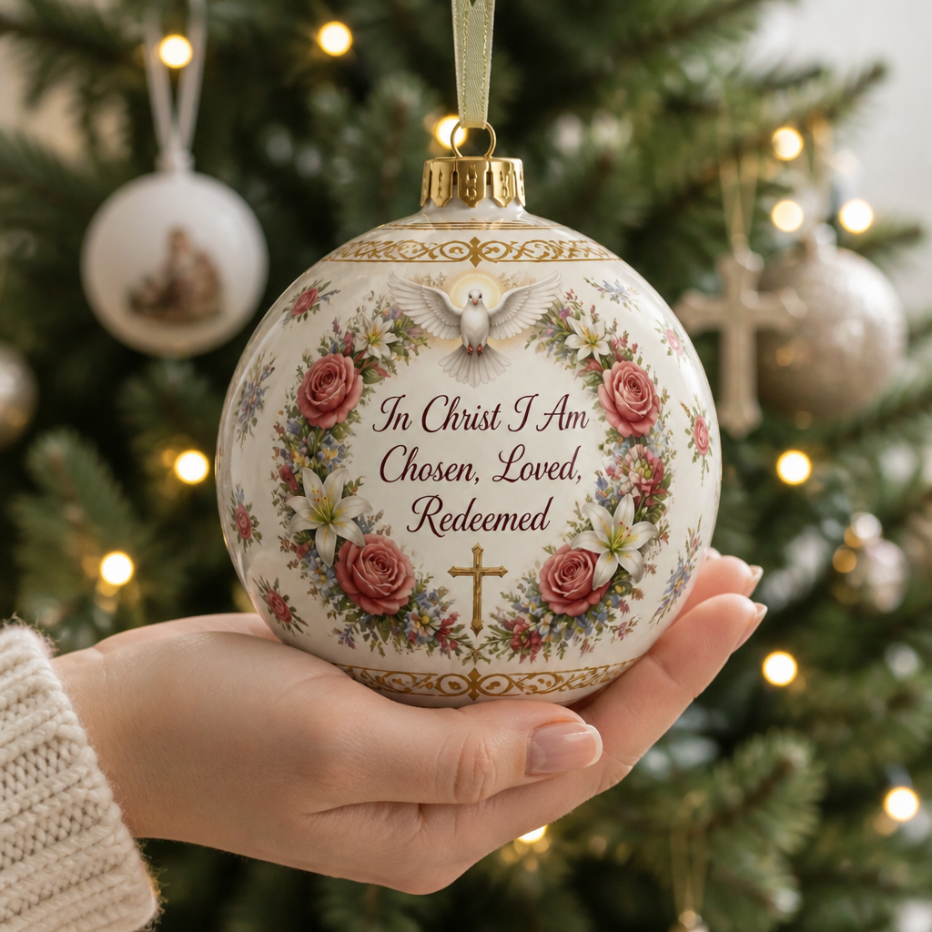 Chosen Rose Wreath Ceramic Ornament - Christian Christmas Ornament, styled in the home