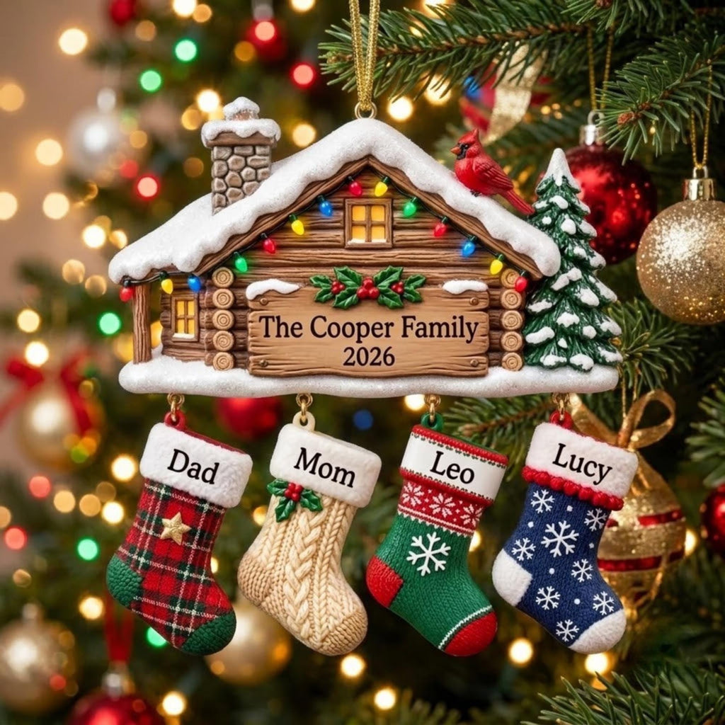 Christmas Cabin Cardinal Family Stockings Acrylic Ornament - Acrylic Christmas Ornament, front view