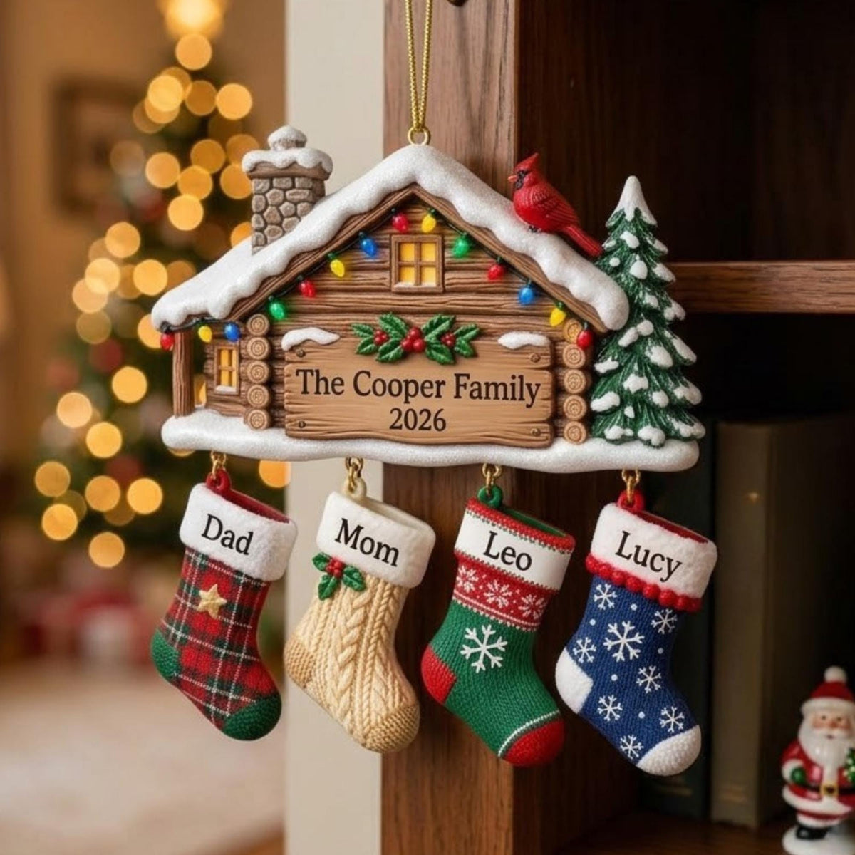 Christmas Cabin Cardinal Family Stockings Acrylic Ornament - Acrylic Christmas Ornament, detail view