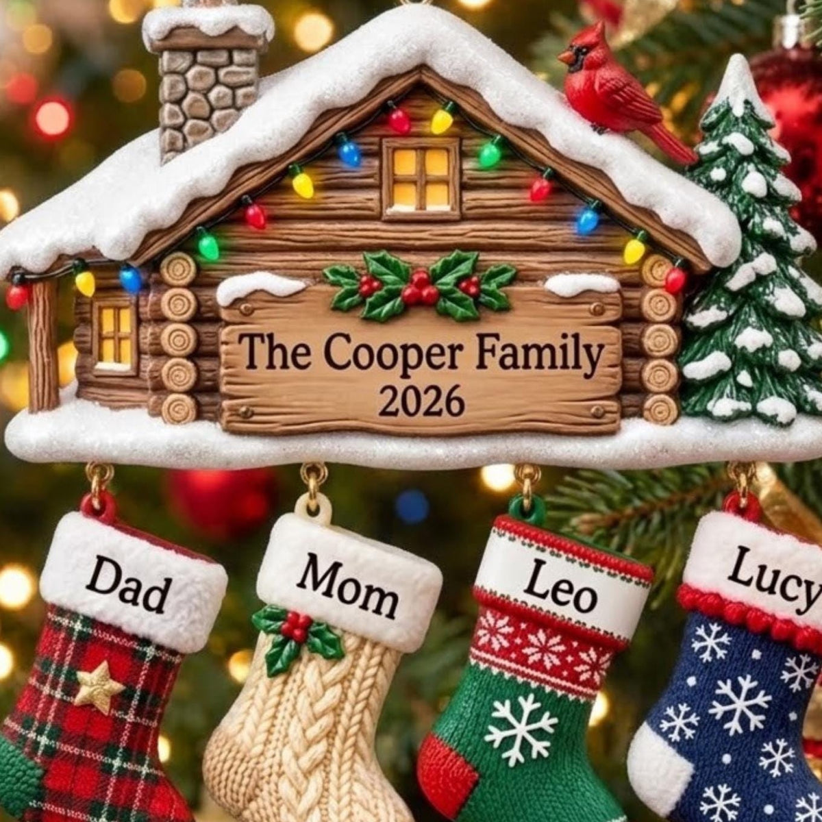 Christmas Cabin Cardinal Family Stockings Acrylic Ornament - Acrylic Christmas Ornament, styled in the home