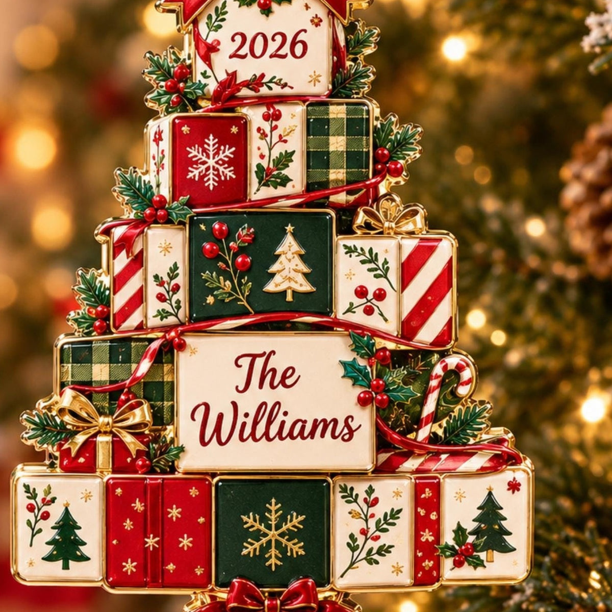 Christmas Gift Boxes Tree Holiday Acrylic Ornament - Acrylic Christmas Ornament, detail view