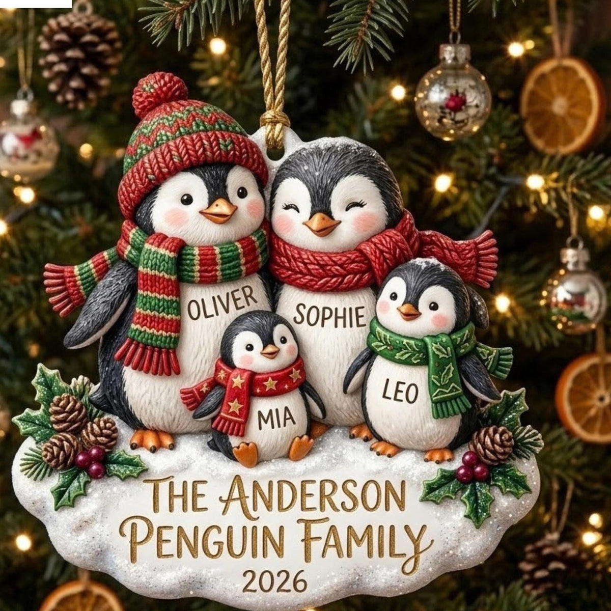 Christmas Penguin Family Holiday Group Acrylic Ornament - Acrylic Christmas Ornament, front view
