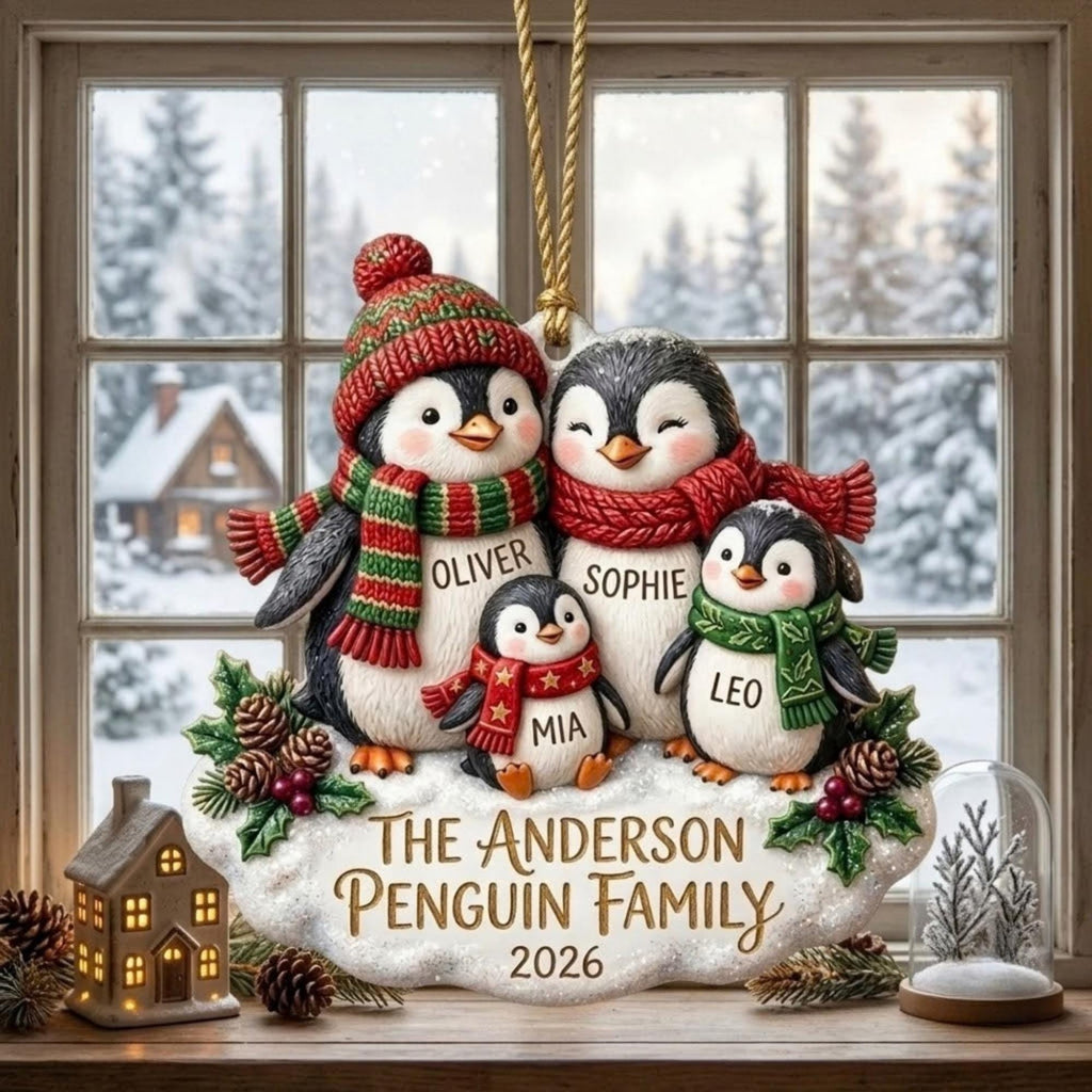 Christmas Penguin Family Holiday Group Acrylic Ornament - Acrylic Christmas Ornament, detail view