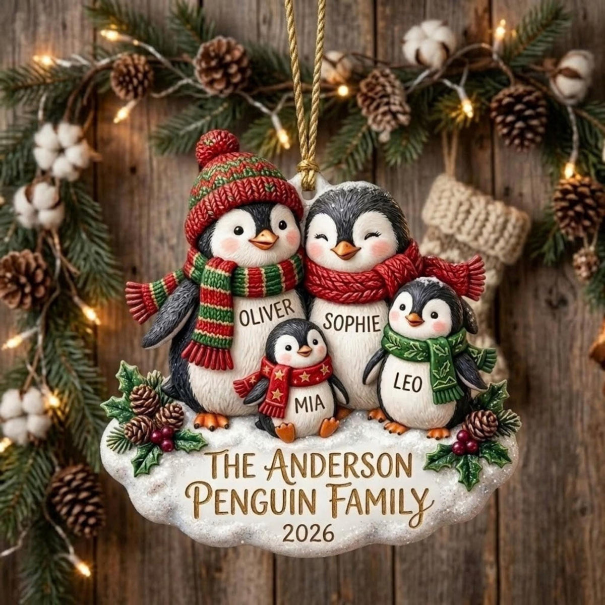 Christmas Penguin Family Holiday Group Acrylic Ornament - Acrylic Christmas Ornament, styled in the home