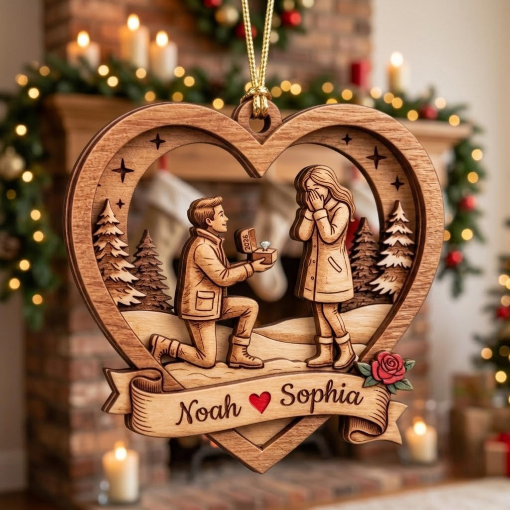 Christmas Proposal Heart Couple Engagement Acrylic Ornament - Acrylic Christmas Ornament, front view