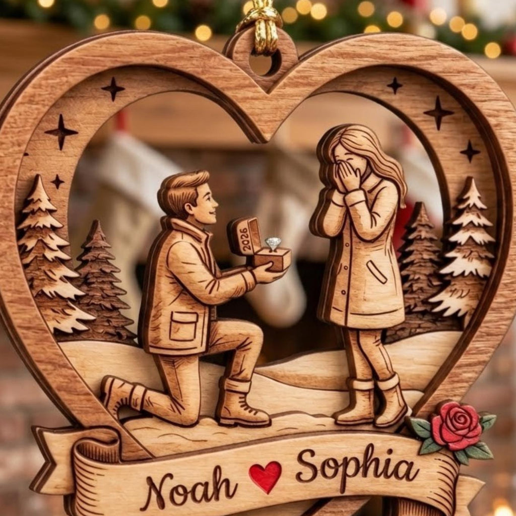 Christmas Proposal Heart Couple Engagement Acrylic Ornament - Acrylic Christmas Ornament, detail view