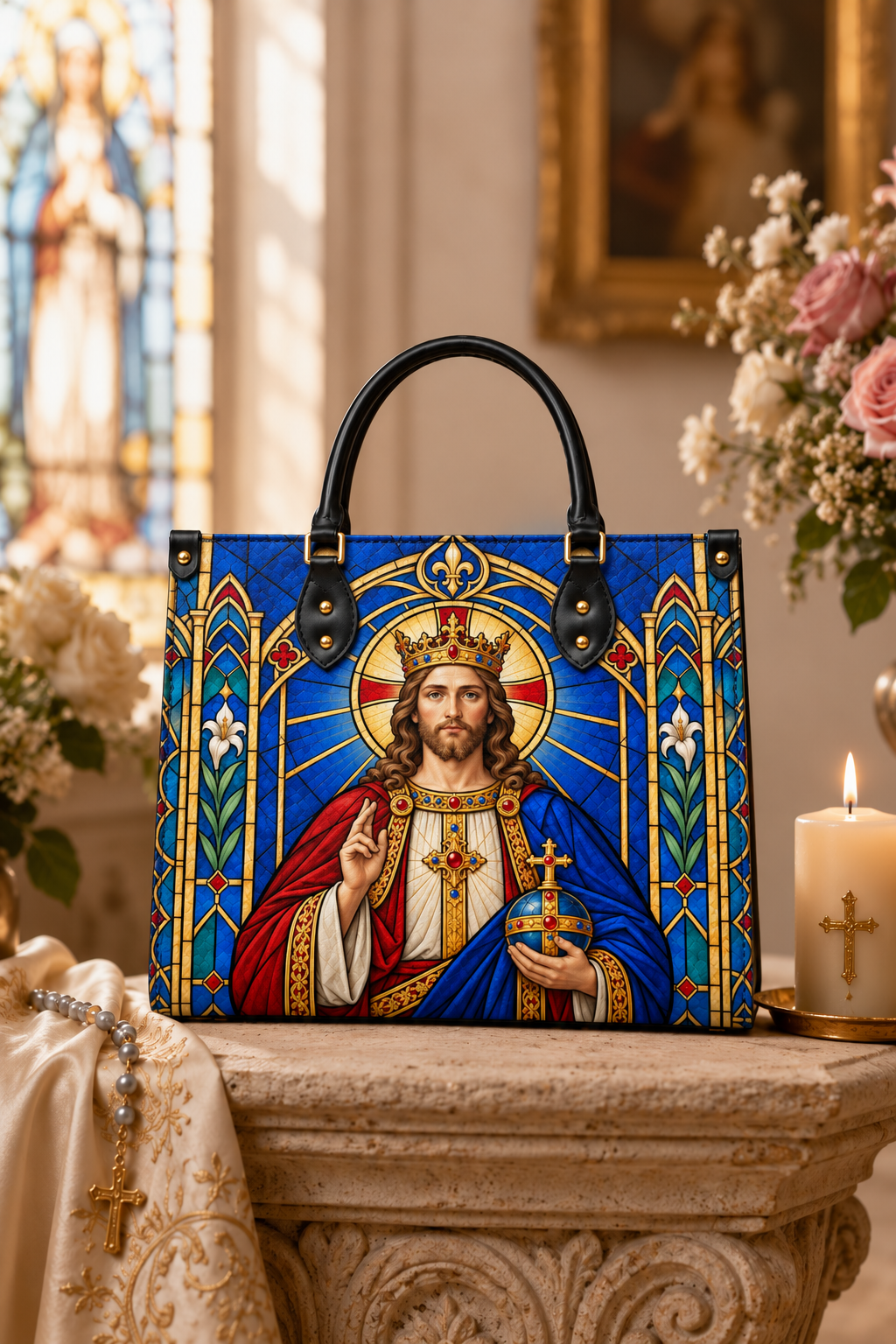 Christus Rex Cathedral Light PU Leather Handbag - Christian Handbag, close-up of the print