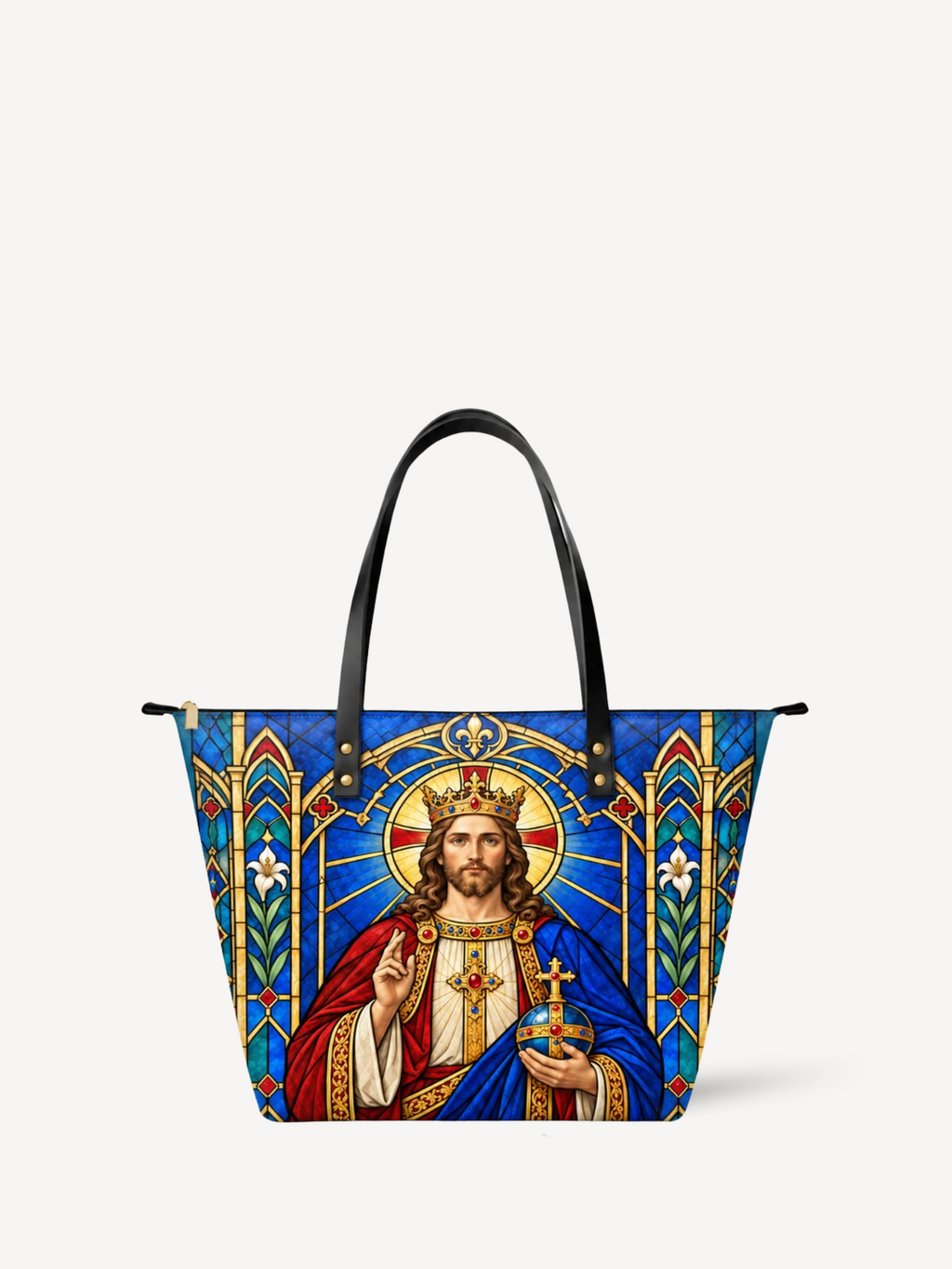 Christus Rex Cathedral Light PU Leather Tote Bag - Christian Tote Bag, front view