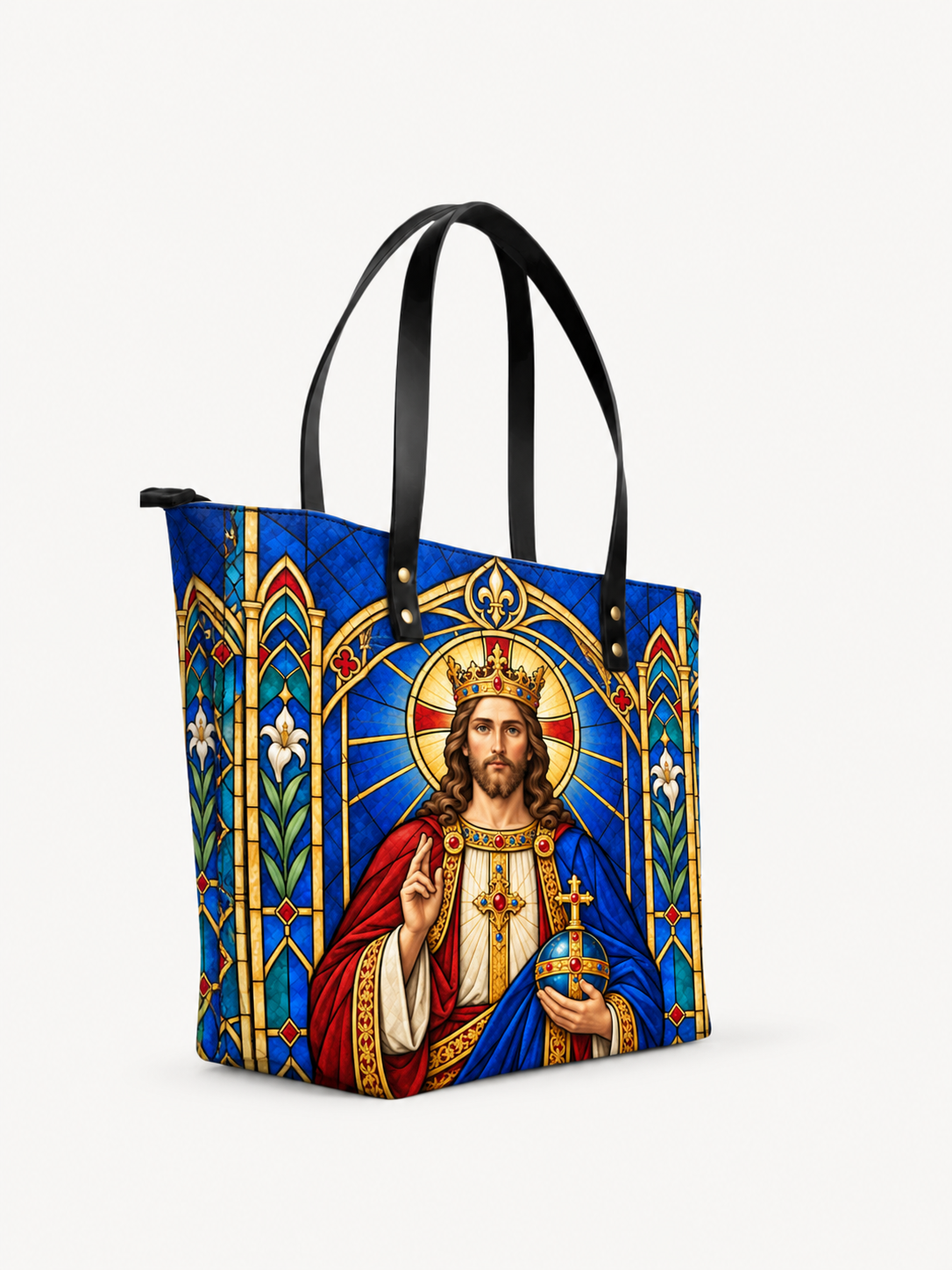 Christus Rex Cathedral Light PU Leather Tote Bag - Christian Tote Bag, detail view