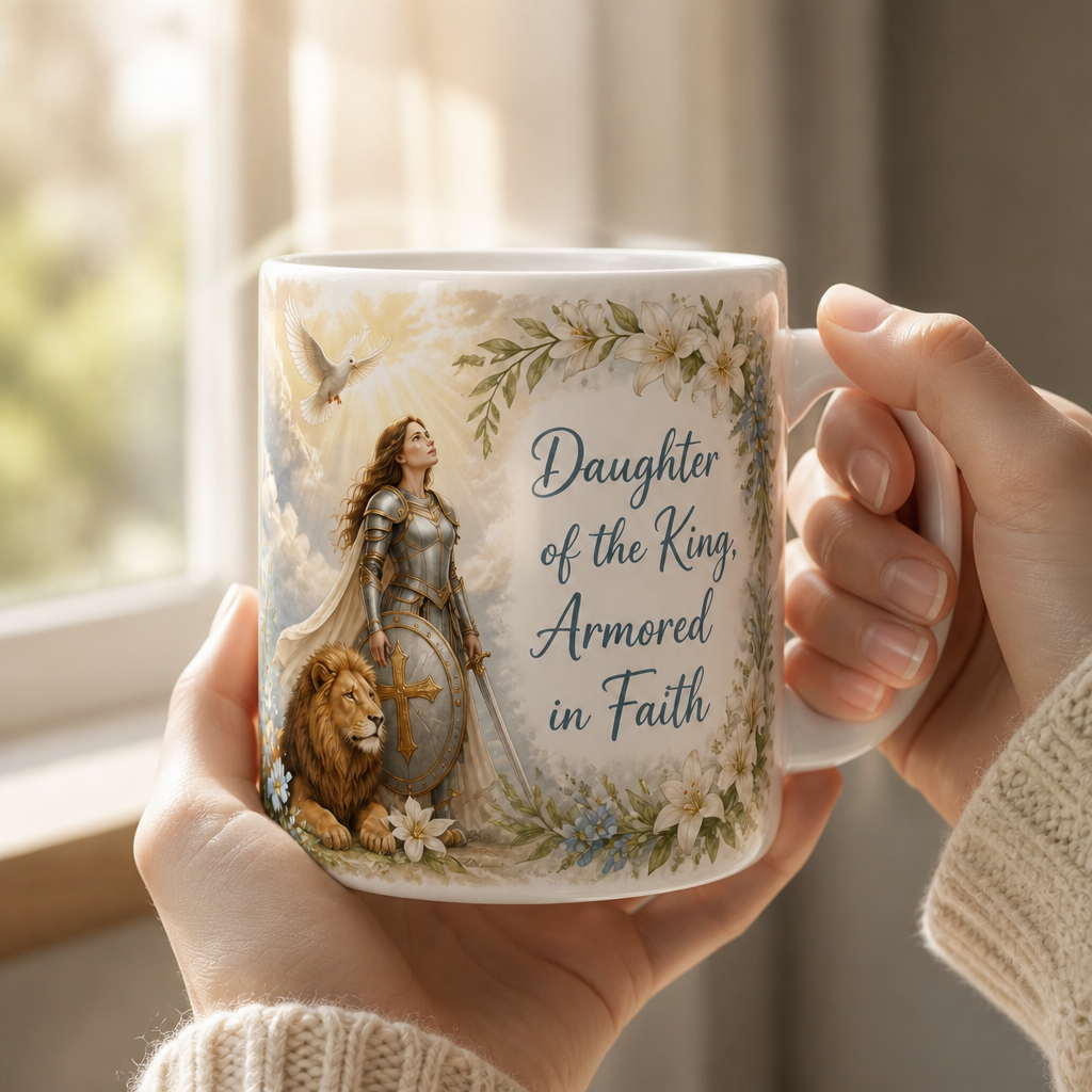 Clothed In Holy Armor Ceramic Mug - Christian Coffee Mug, styled in the home