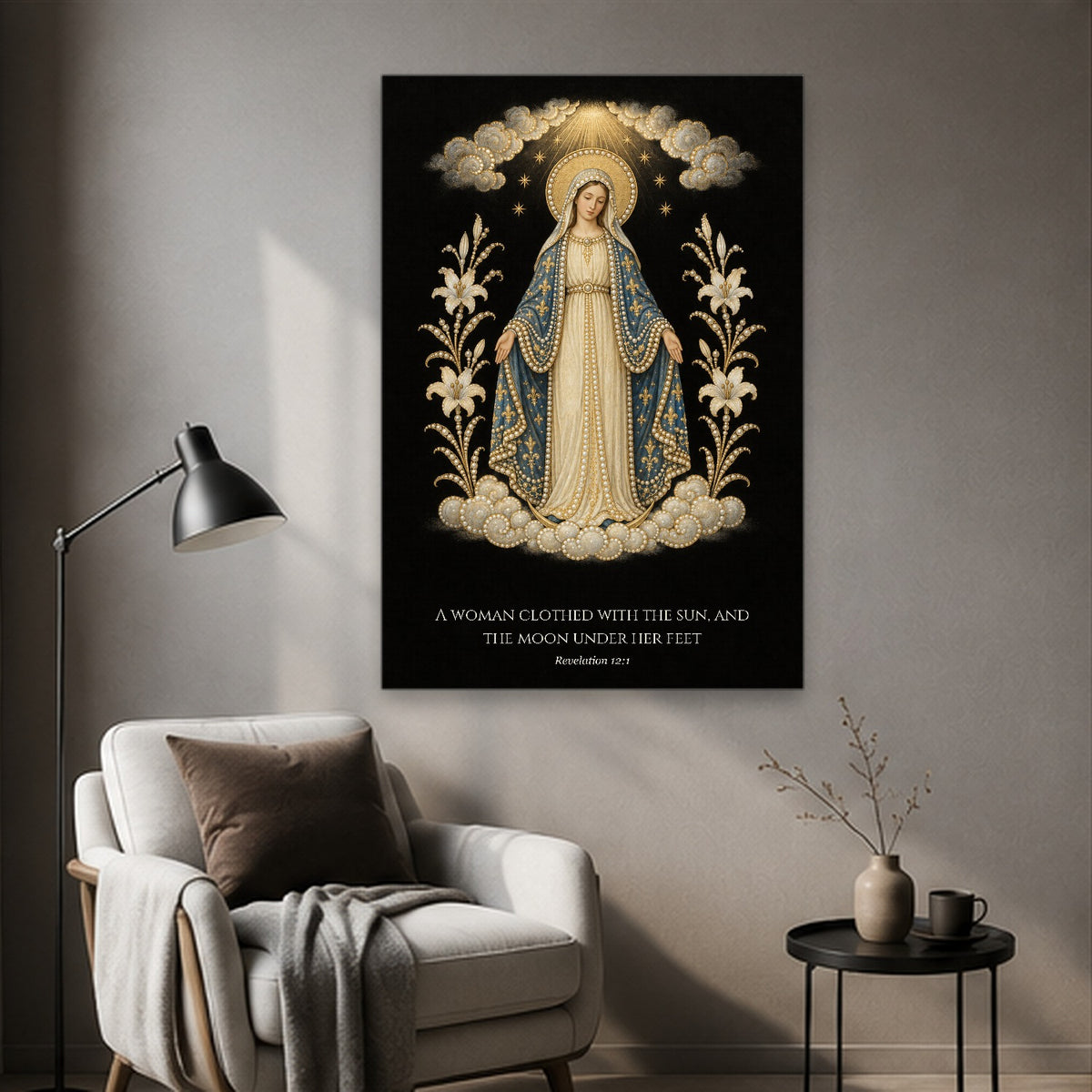 Clothed with the Sun in Manuscript Canvas Wall Art - Catholic Wall Art, styled in the home