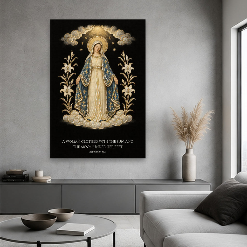 Clothed with the Sun in Manuscript Canvas Wall Art - Catholic Wall Art, hanging display