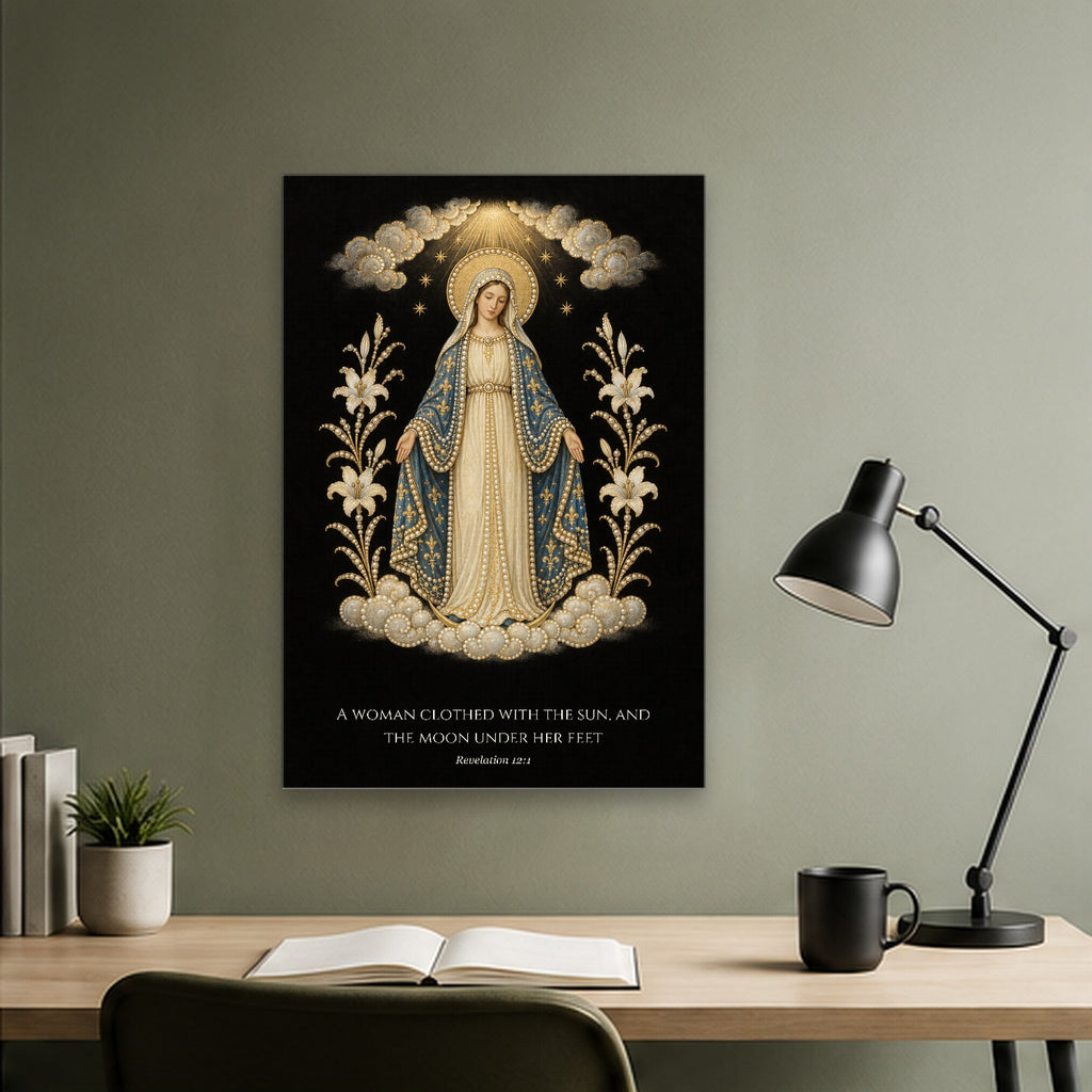 Clothed with the Sun in Manuscript Canvas Wall Art - Catholic Wall Art, close-up of the print