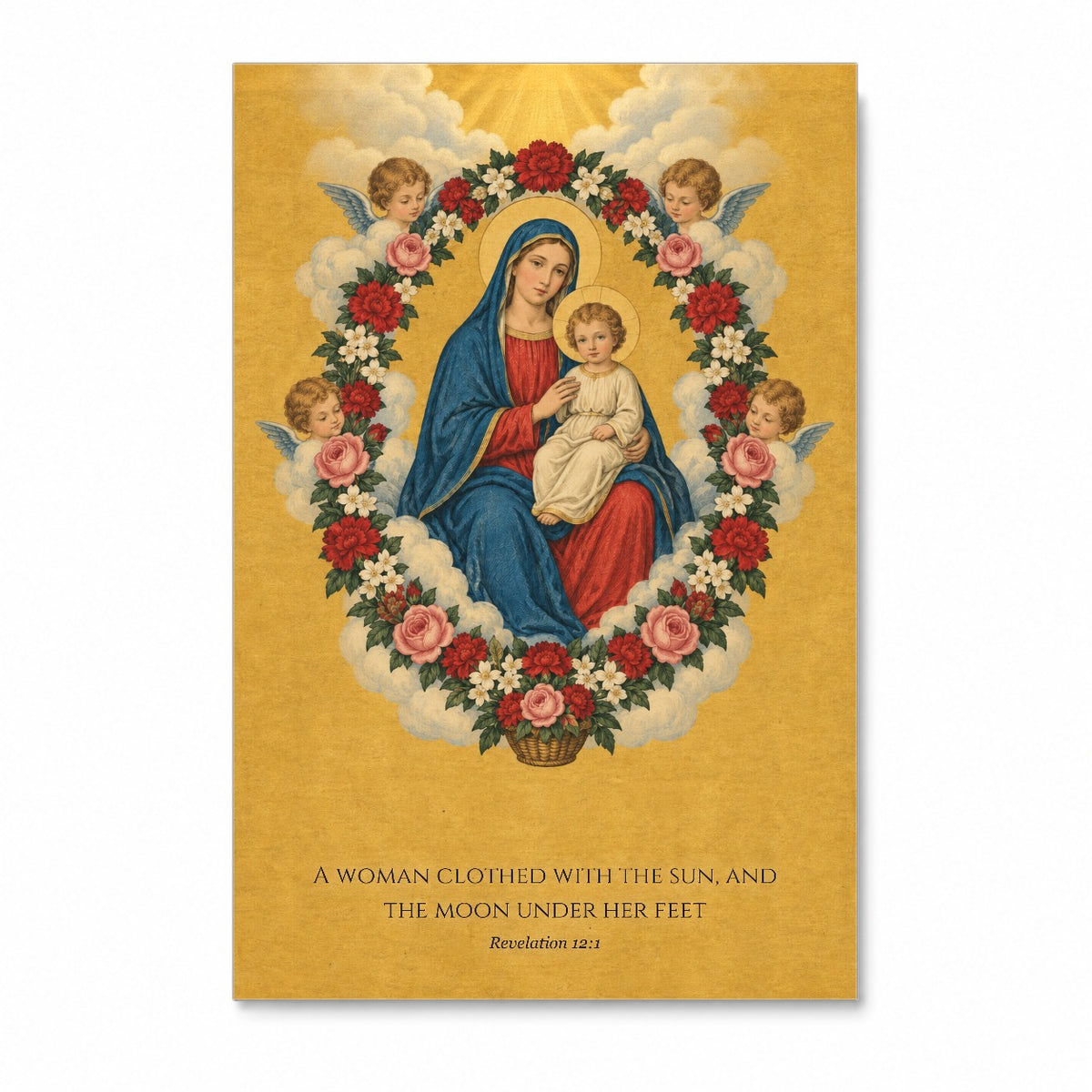 Clothed with the Sun in Woodblock Canvas Wall Art - Catholic Wall Art, front view