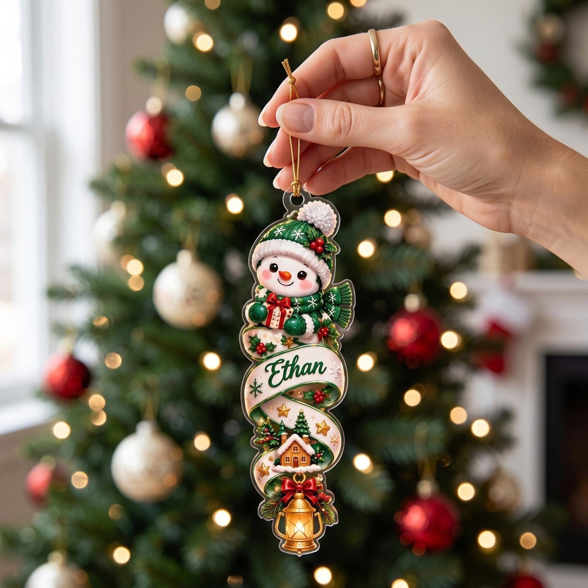 Colorful Snowman Ribbon Scroll Christmas Acrylic Ornament - Acrylic Christmas Ornament, front view