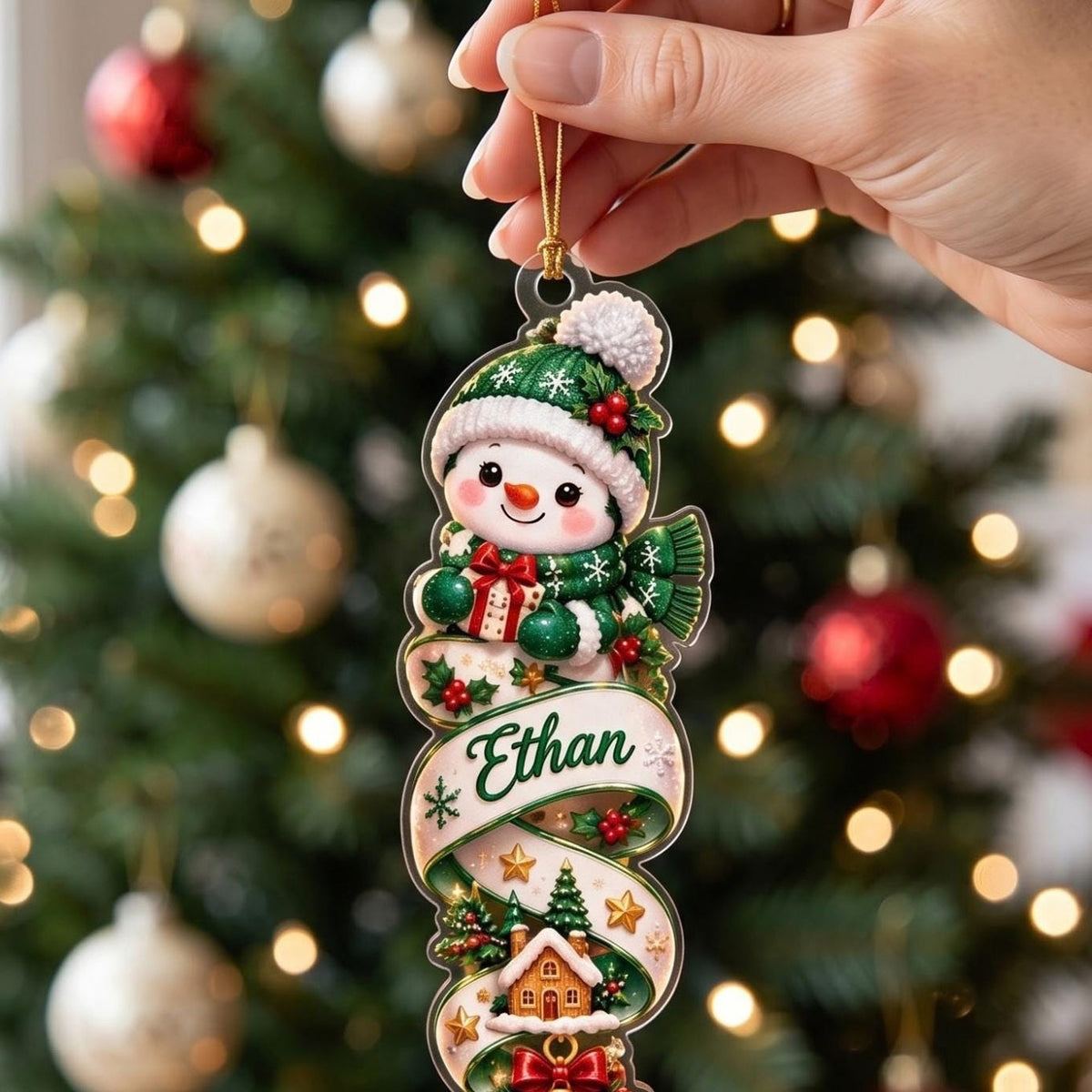 Colorful Snowman Ribbon Scroll Christmas Acrylic Ornament - Acrylic Christmas Ornament, detail view