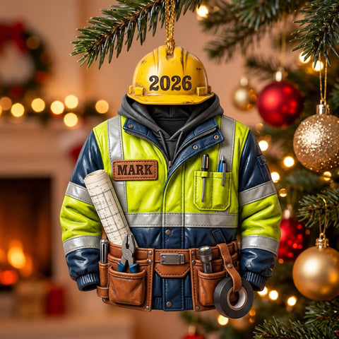 Construction Worker Hard Hat Tool Belt Acrylic Ornament - Acrylic Christmas Ornament, front view