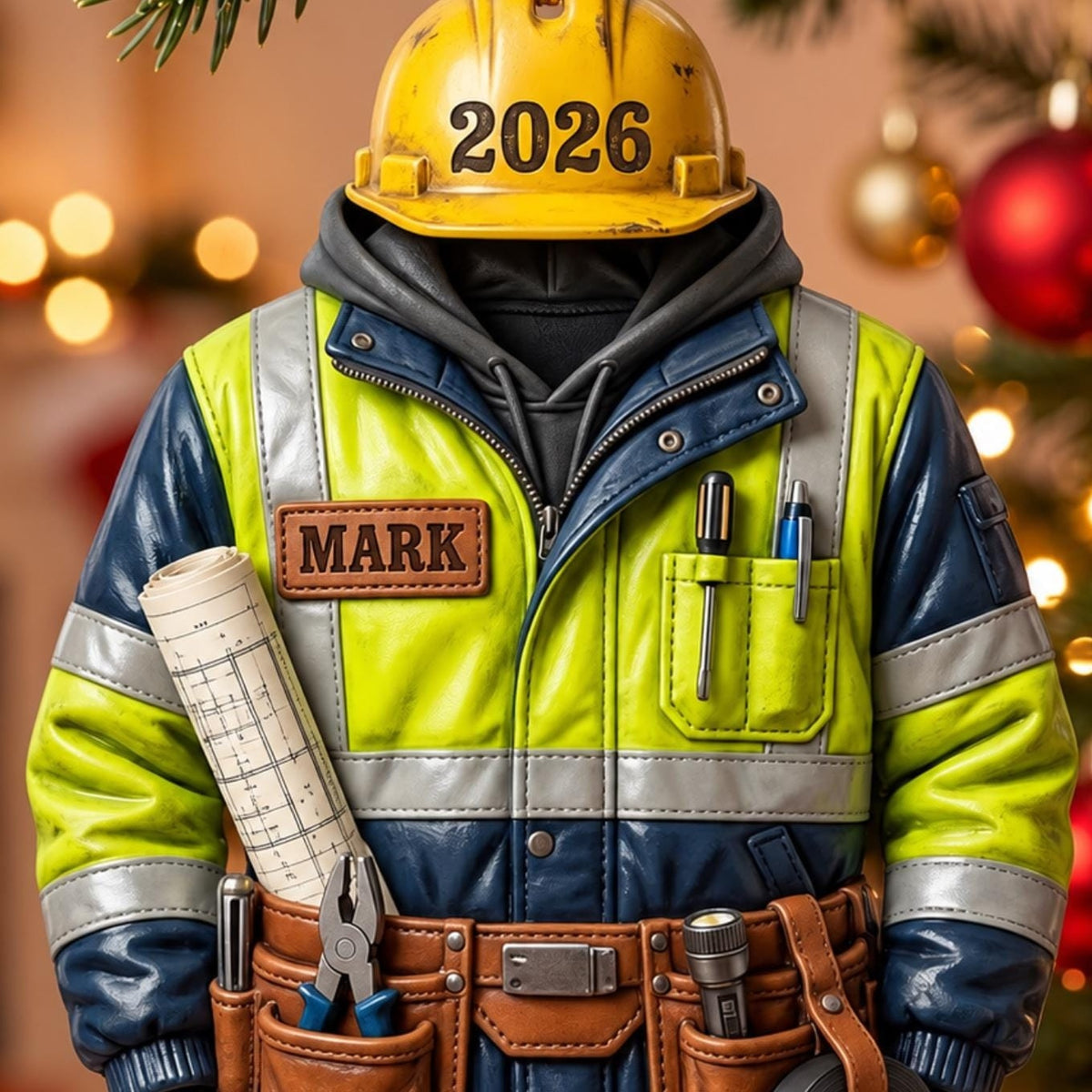 Construction Worker Hard Hat Tool Belt Acrylic Ornament - Acrylic Christmas Ornament, detail view