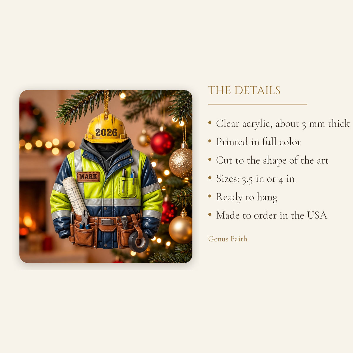 Construction Worker Hard Hat Tool Belt Acrylic Ornament - Acrylic Christmas Ornament, styled in the home