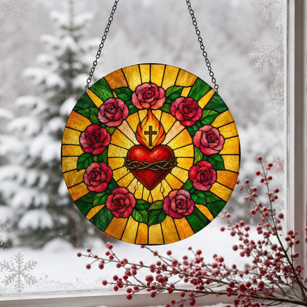 Cor Aeternum Glass Suncatcher - Catholic Suncatcher, detail view