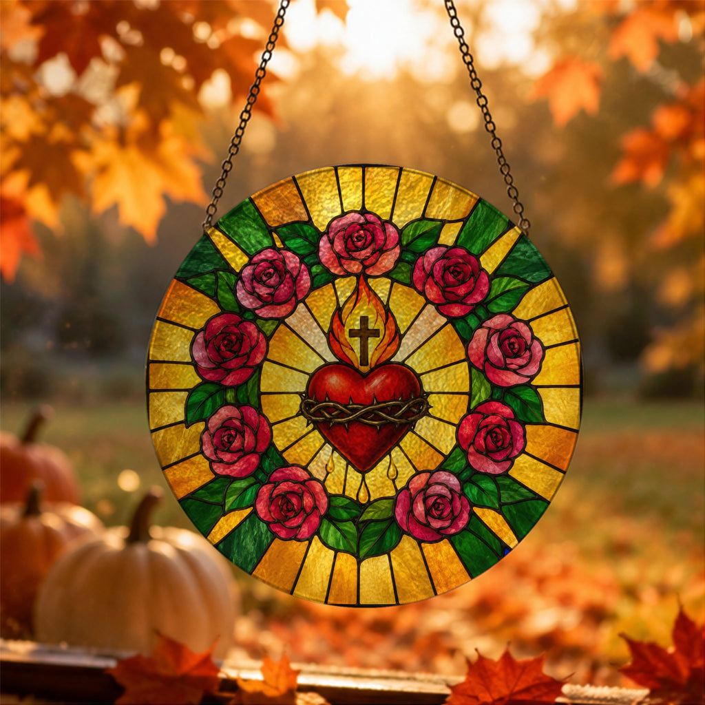 Cor Aeternum Glass Suncatcher - Catholic Suncatcher, hanging display