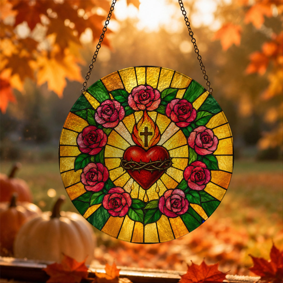 Cor Aeternum Glass Suncatcher - Catholic Suncatcher, hanging display