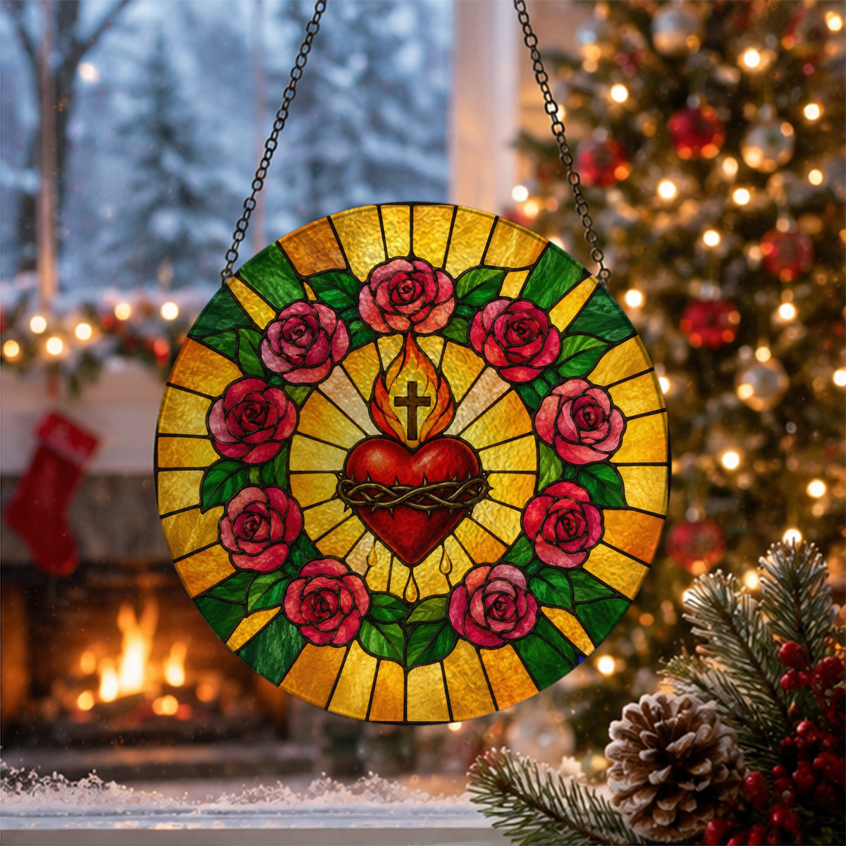 Cor Aeternum Glass Suncatcher - Catholic Suncatcher, close-up of the print