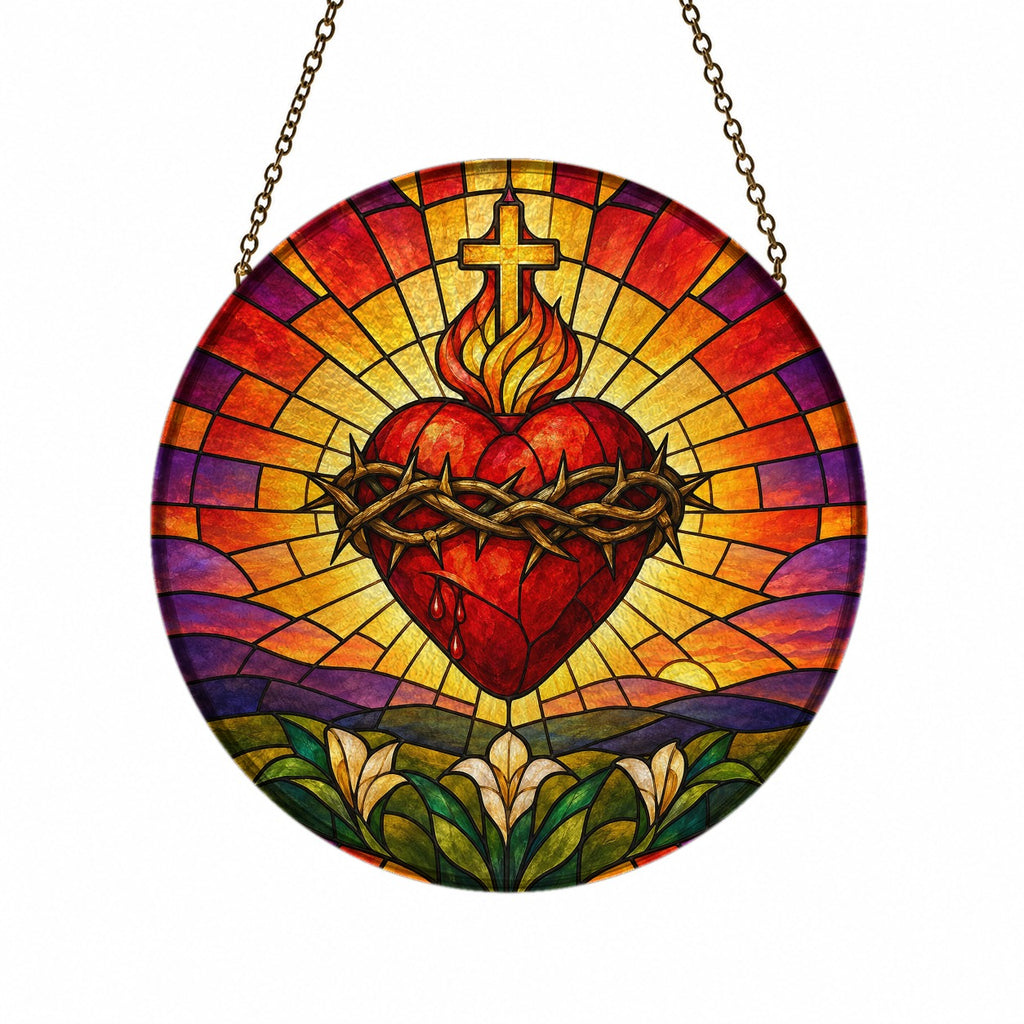 Cor Ardens IV Glass Suncatcher - Catholic Suncatcher, front view