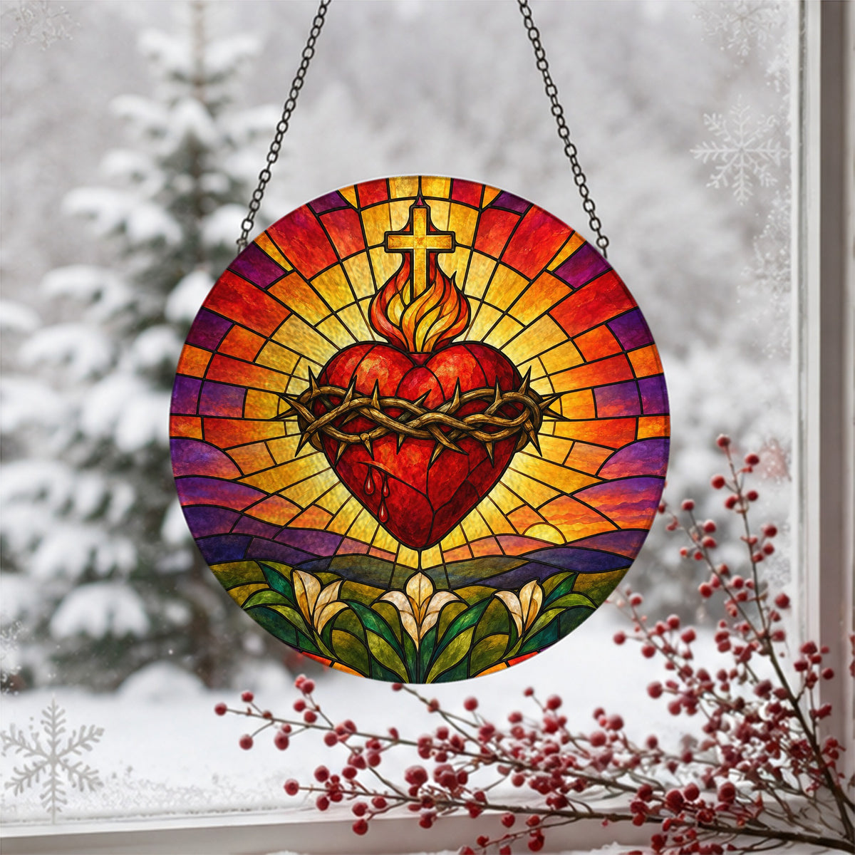Cor Ardens IV Glass Suncatcher - Catholic Suncatcher, detail view