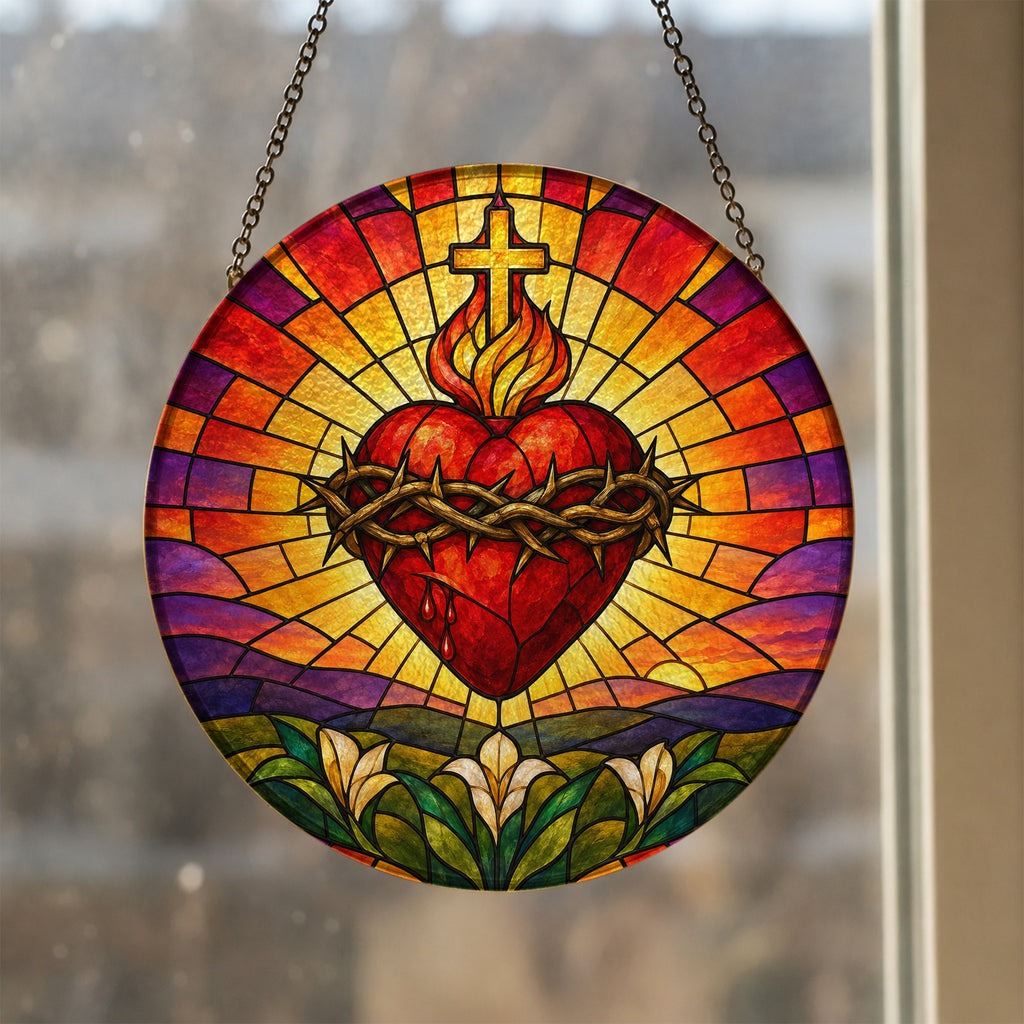 Cor Ardens IV Glass Suncatcher - Catholic Suncatcher, styled in the home